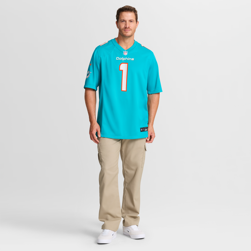 Men's Miami Dolphins Number 1 Dad Nike Aqua Game Jersey